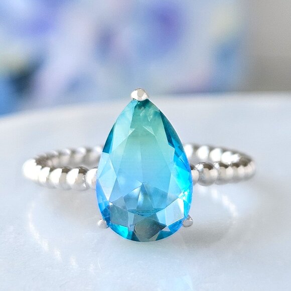 Blue and Teal Tourmaline Pear Gemstone Ring, 925 Sterling Silver Charmed - Picture 3 of 4